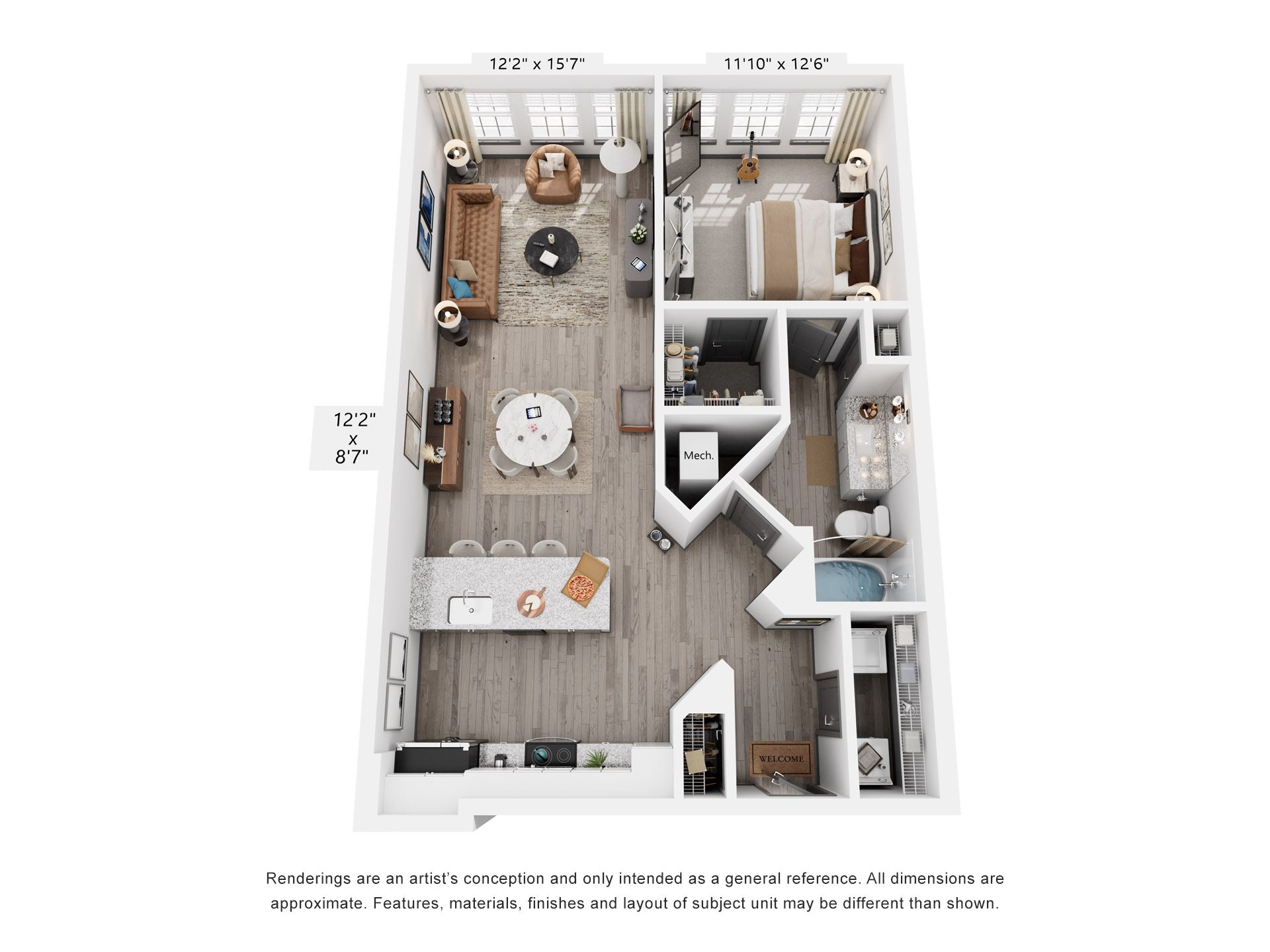 Floor plan for 1 bed, 1 bath, 913 sqft